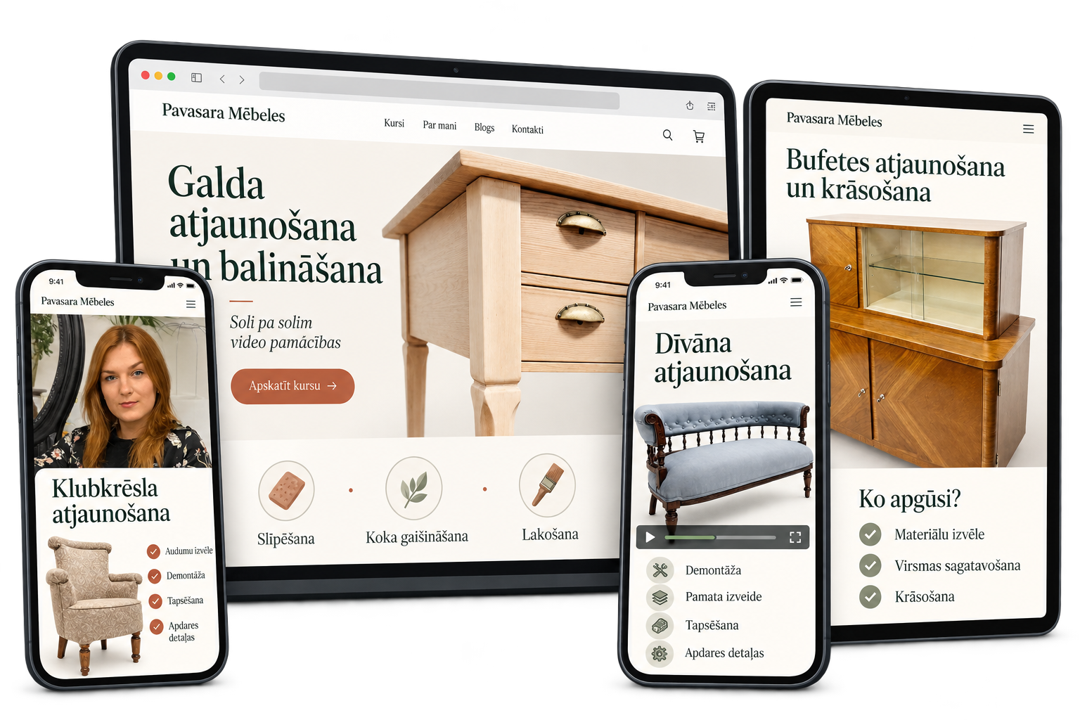 Online mēbeļu skolas 4 kursi datorā, planšetē un telefonā